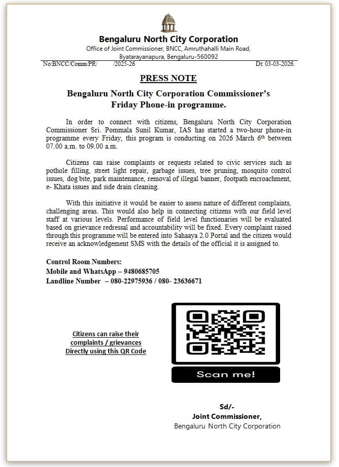 Weekly Phone-In Programme Announced by Bengaluru North City Corporation on March 6, 2026