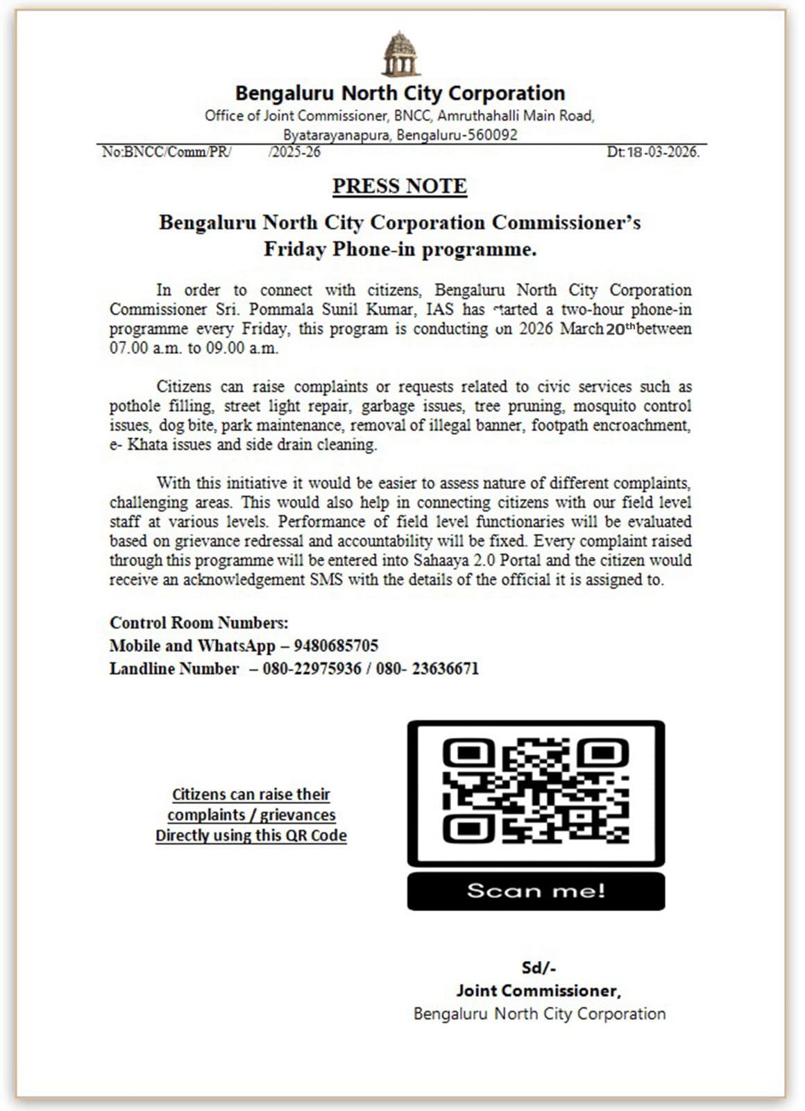 Phone-In Programme Announced by North City Corporation Commissioner