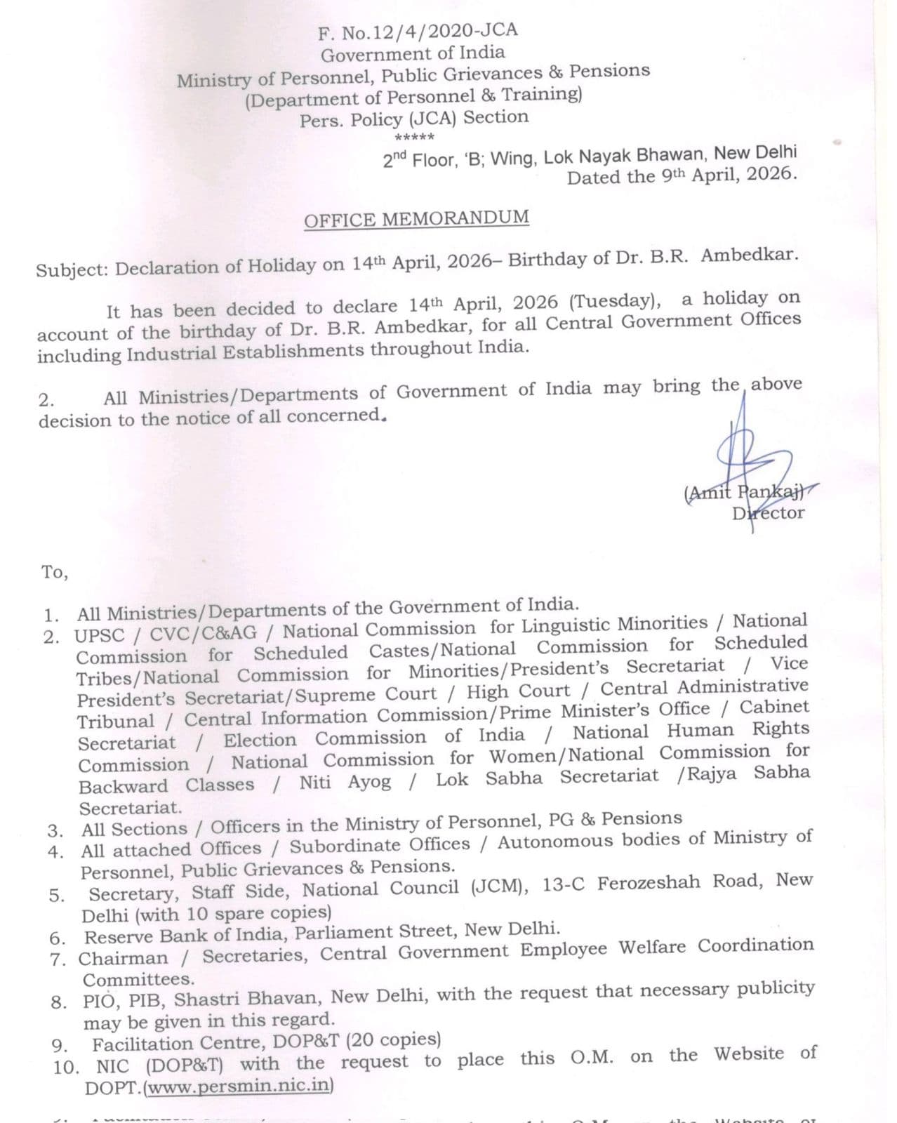 Central Government Declares Holiday on April 14 for Ambedkar Jayanti