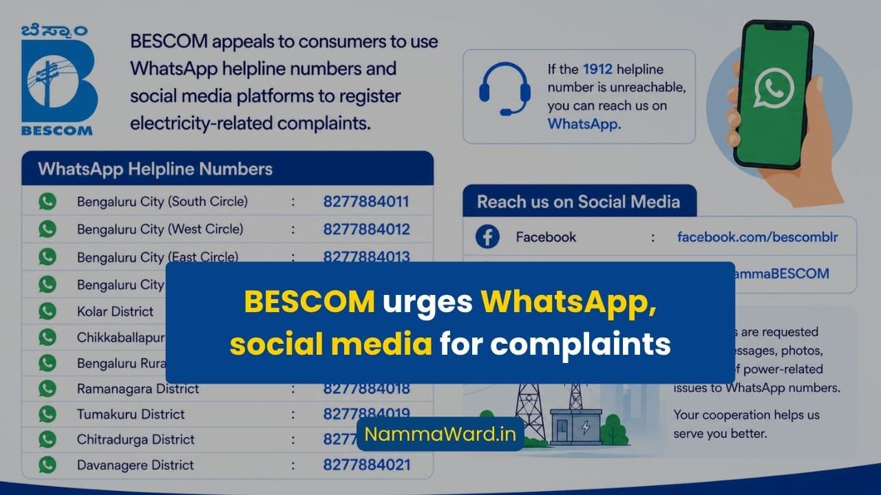 BESCOM Urges Consumers to Use WhatsApp & Social Media for Power Complaints